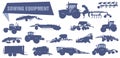 Set of vector icons of agricultural and agricultural machines used for sowing and watering. Royalty Free Stock Photo